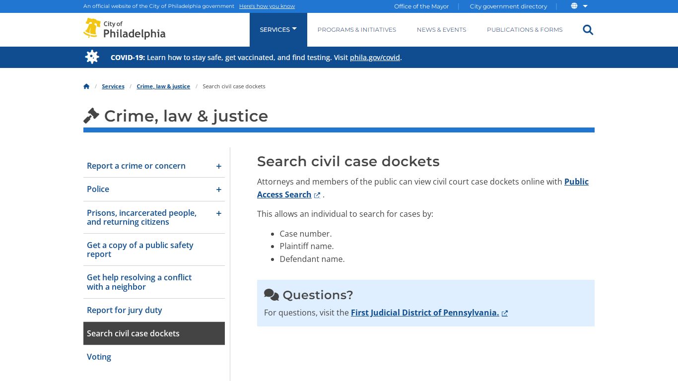 Search civil case dockets | Services | City of Philadelphia